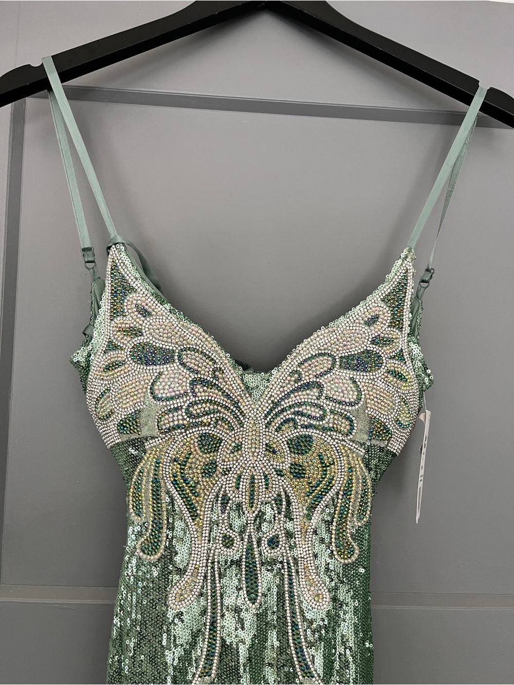 Dear Moon Size 0 Sage Green Sequin Rhinestone Formal Prom Gown Dress NWT